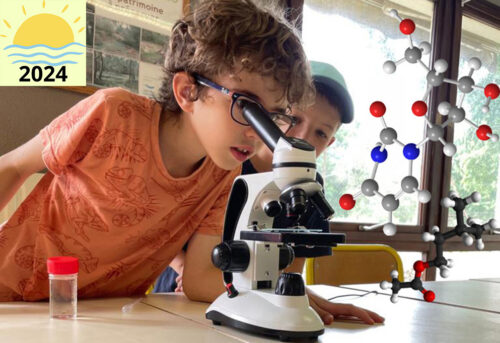 Deux enfants observe avec un microscope